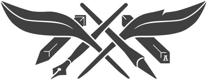 Symbol for the art and hobby of neography, creating writing systems also known as constructed scripts or conscripts. Depicts various writing tools: fountain pen, brush, chisel, moveable type piece, and quill pens arranged like wings.